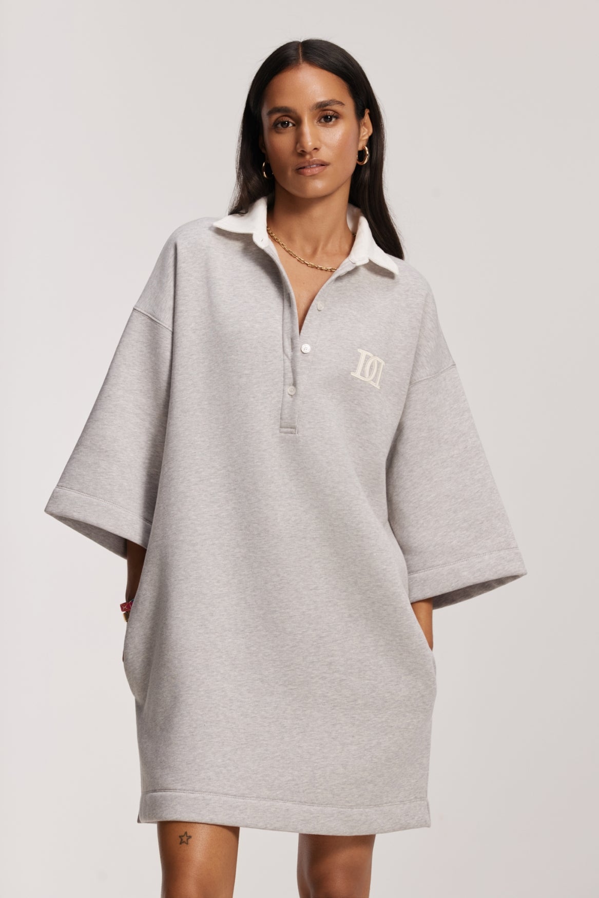 Grey Sweat Dress Women | Sporty Polo Dress Grey Melange | Deblon Grey Sweat Dress Women | Sporty Polo Dress Grey Melange | Deblon